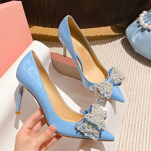 

Chic Pearl Studs Bowtie Wedding Pumps Blue Pink Black Patent Leather High Heel Pointed Toe Beads Butterfly Knot Party Shoes