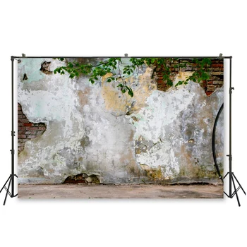 

HUAYI retro architecture abstract stains rock gray stone old Brick Background with green plants Nostalgia Style Wallpaper D-5836