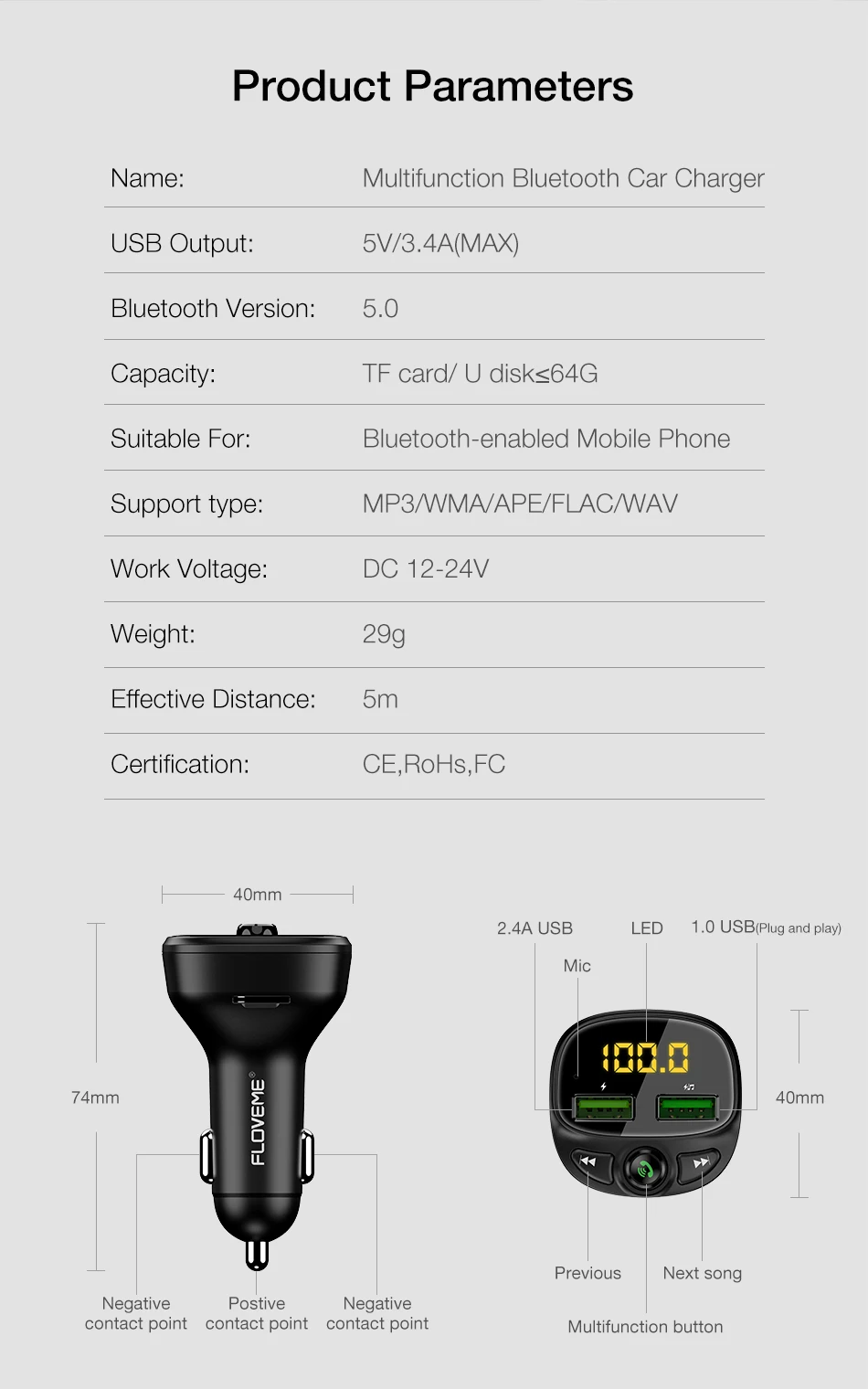 FLOVEME Bluetooth автомобильное зарядное устройство Универсальный телефон USB зарядное устройство fm-передатчик телефон зарядное устройство прикуриватель Зарядка для iPhone 11