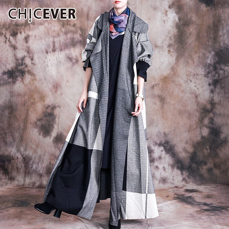 Женское клетчатое пальто CHICEVER Свободное большого размера с отложным воротником