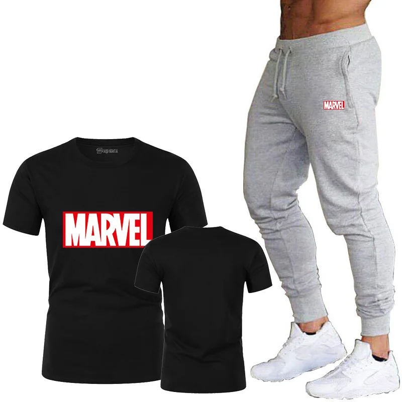 Новинка, модная мужская и женская футболка, Мстители, Marvel, надпись Marvel, мужская футболка+ спортивные штаны, футболка, комплект
