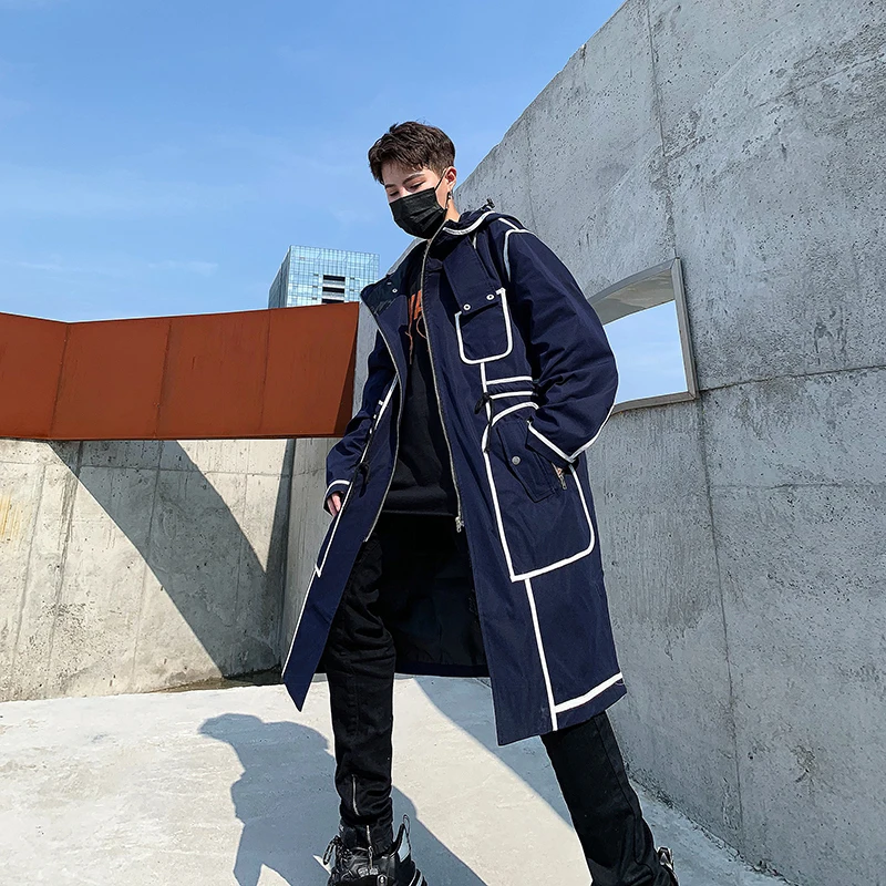 

2019 winter woolen coat Korean version loose men long section windbreaker male youth jacket trend Japan Style Striped hip hop