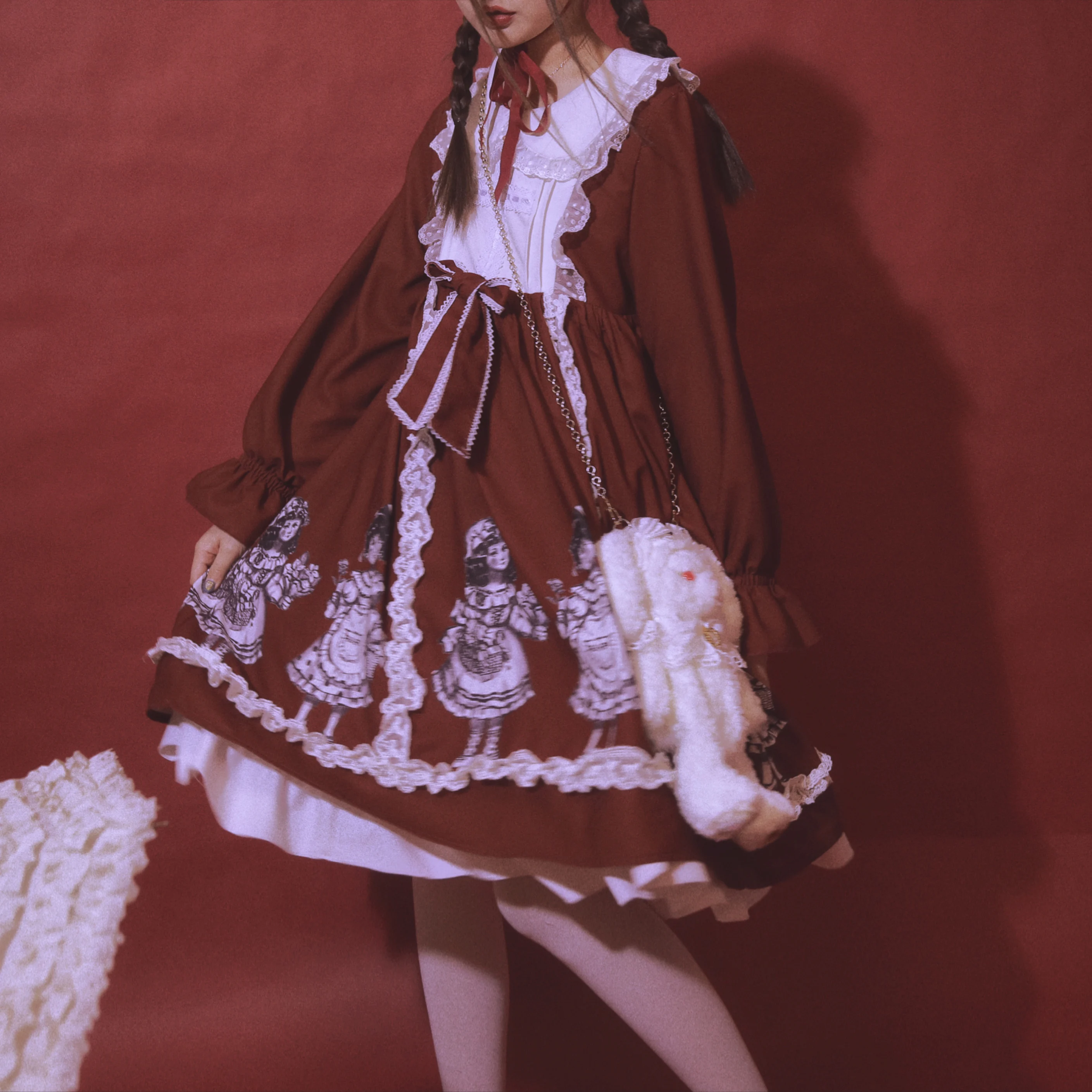 Винтажное платье лолиты с цветочным принтом Алисы, женское милое платье с кукольным воротником и длинными рукавами, красное черное готическое платье лолиты для взрослых