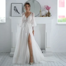 

Elegant Bohemian Wedding Dress Slit Long Sleeves Floor Length A Line Zipper Back V Neck Formal Vintage Robe De Mariage Femme