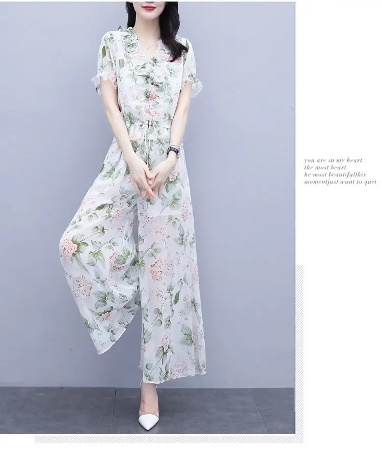 Floral Chiffon Wide-Leg Trouser Suit Women New Summer Style Lantern Sleeve Slim Two-Piece Set Elastic Waist Ruched V-Neck Blouse co ord sets women