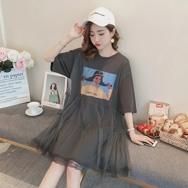 

Pregnant Women Summer Wear Korean-style Loose-Fit Short-sleeve Dress Gauze Joint Stickers Lace Dress