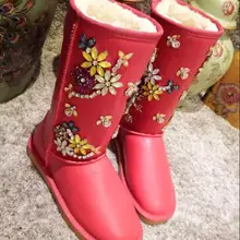 Женская обувь; женские сапоги; сапоги до колена; зимние сапоги; Новинка года; красивые зимние красные водонепроницаемые сапоги со стразами и цветами; X139