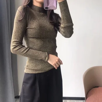 

Pullover Sweater Gold Silk Stretch Slim Turtleneck Bottoming Shirt Long Sleeve Knit Top