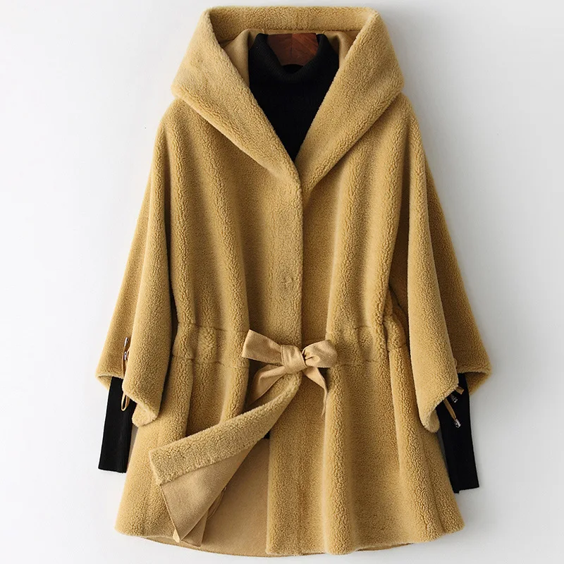 

Winter Fashion Cashmere Wool Coats Mid-length Hooded Slim Bow Drawstring Batwing Sleeve Women Beige Overcoats Jacket Office Lady