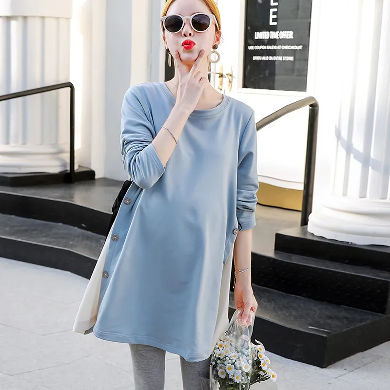 Light Blue Платье для беременных с пуговицами, Женская Однотонная ночная рубашка с длинным рукавом, хлопковая одежда для беременных повседневный, осеннее платье для беременных - Цвет: Light Blue