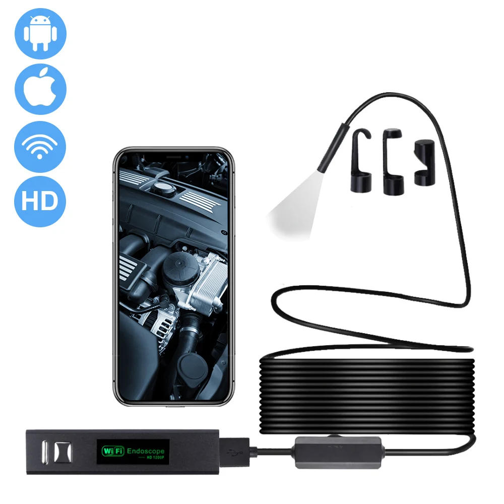 1200P Endoscope Camera Wifi Wireless Waterproof Inspection Camera Mini 8mm Adjustable LED  Borescope Camera For Android IOS