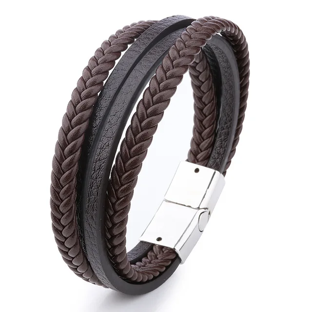 Trendy Genuine Leather Bracelets Men Stainless Steel Multilayer Braided Rope Bracelets for Male Female Bracelets Jewelry H24029
