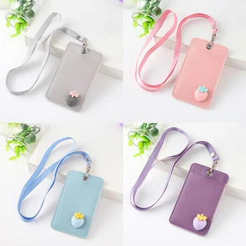 

PU Leather ID Badge Holder Credit Card Name ID Badge Holders Back Front Pocket Purse Wallet Removable Neck Lanyard