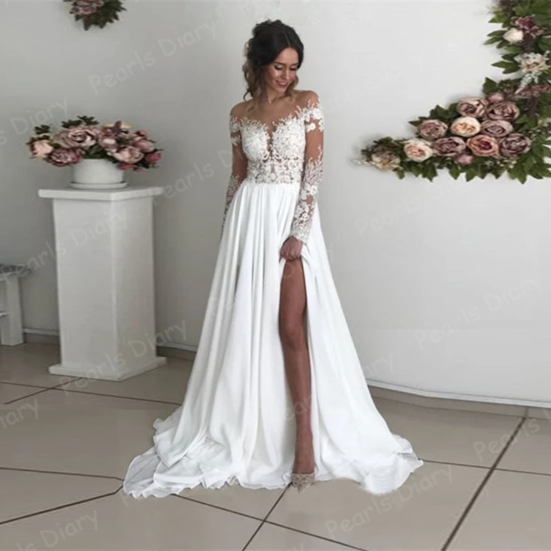 Шифоновый с разрезами по бокам свадебное платье длинными рукавами Boho Свадебные