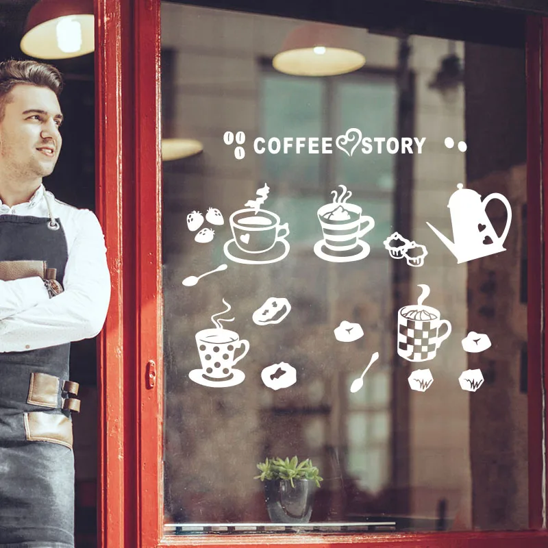 Coffee Cafe Bar Window Wall Stickers Coffee Shop Business Cafe Coffee Mug Glass Wall Decal Vinyl Decor (3)