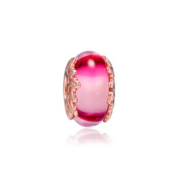 

CKK Fits Pandora Bracelet 925 Sterling Silver Rose Pink Murano Glass & Leaves Charms Beads for Jewelry Making kralen Bijoux