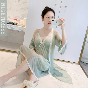 

Sexy Female Nightwear Robe Set Intimate Lingerie Soft Casual Home Clothing Bathrobe Gown 2020 New Summer Sleepwear Homewear