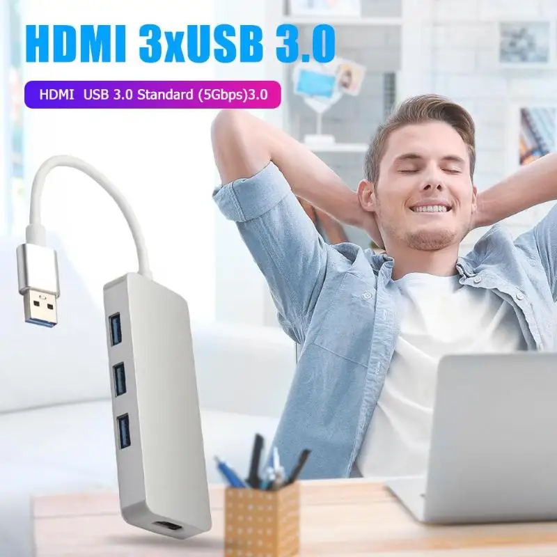 4 в 1 USB док-станция USB3.0 до 3 портов USB3.0 1080P HDMI видео адаптер алюминиевый конвертер сплавов для ПК ноутбука рабочего стола