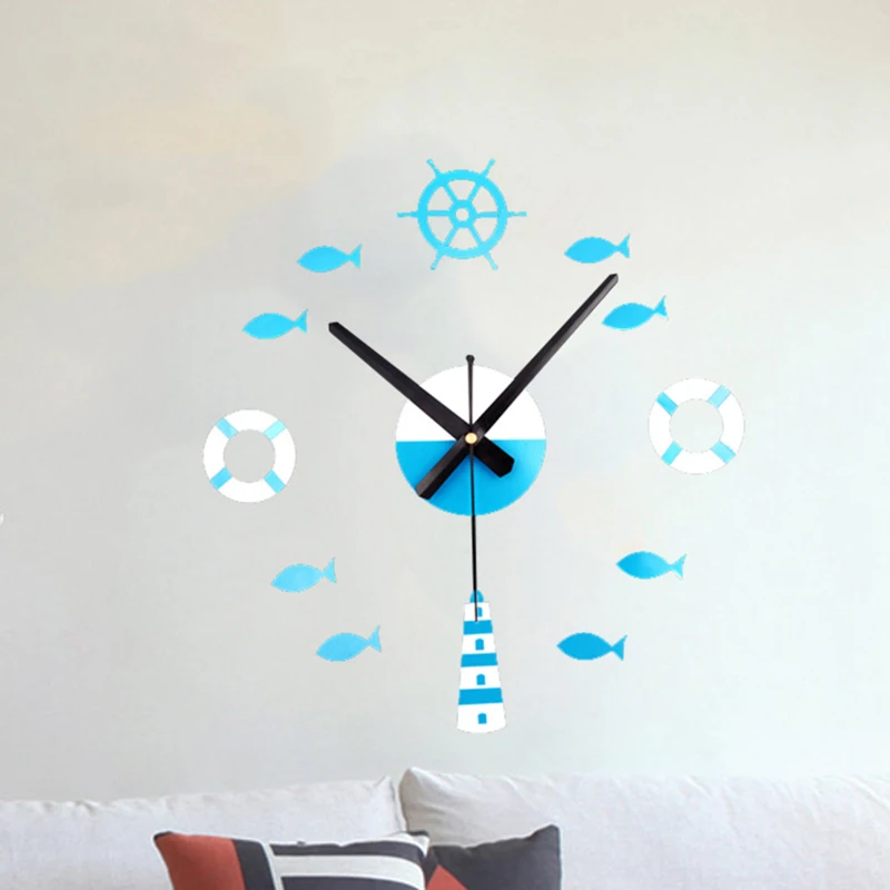 1 шт. модные 3D настенные часы акриловые часы «сделай сам» Средиземноморский стиль башня Руль спасательный круг маленькие рыбные часы, настенные часы