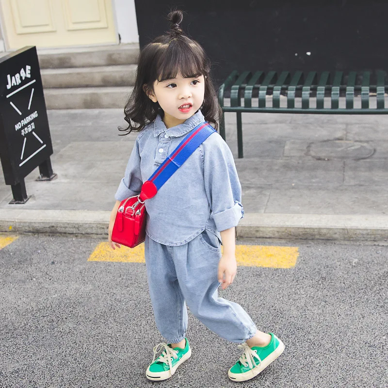 

Spring Korean-style Unisex CHILDREN'S Jacket Cartoon Short Long Sleeve Fold-down Collar Childrenswear Children Denim Suit