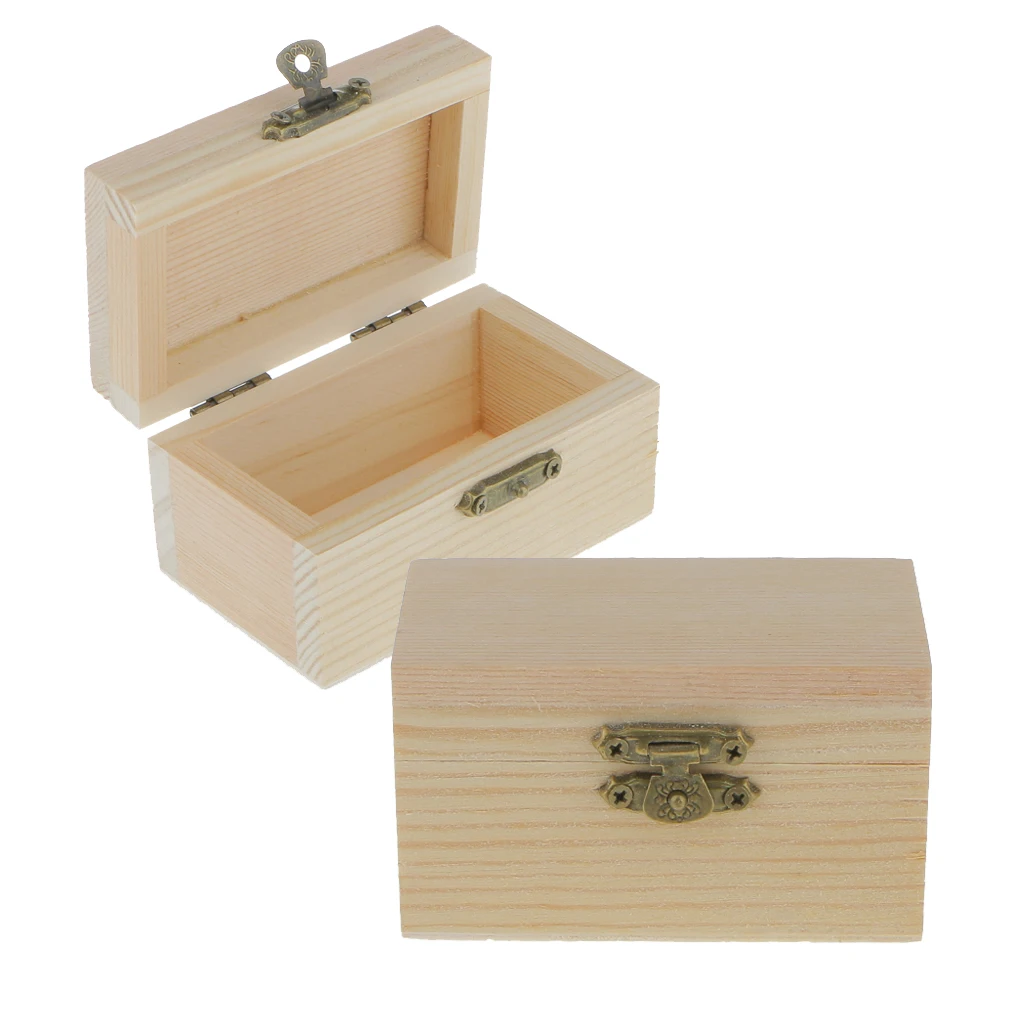 2pcs Small Unfinished Wooden Jewelry Case Plain Wood Box Organizer Keepsake DIY Crafts