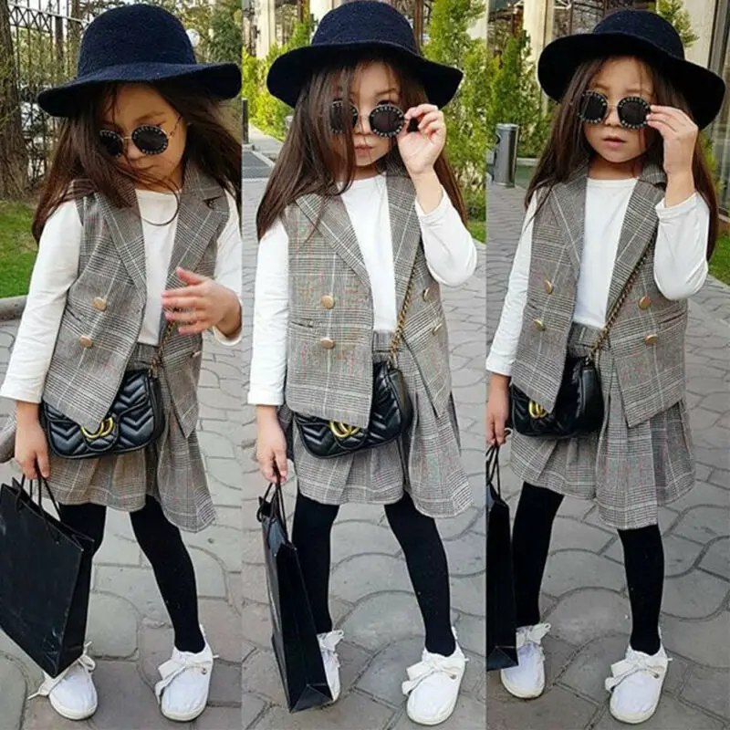 Fashion Toddler Girl Kid Party Suit Sleeveless Plaid Vest Coat+A Line Skirt+Long Sleeved T shirt Tops Formal 3PCS outfits Set