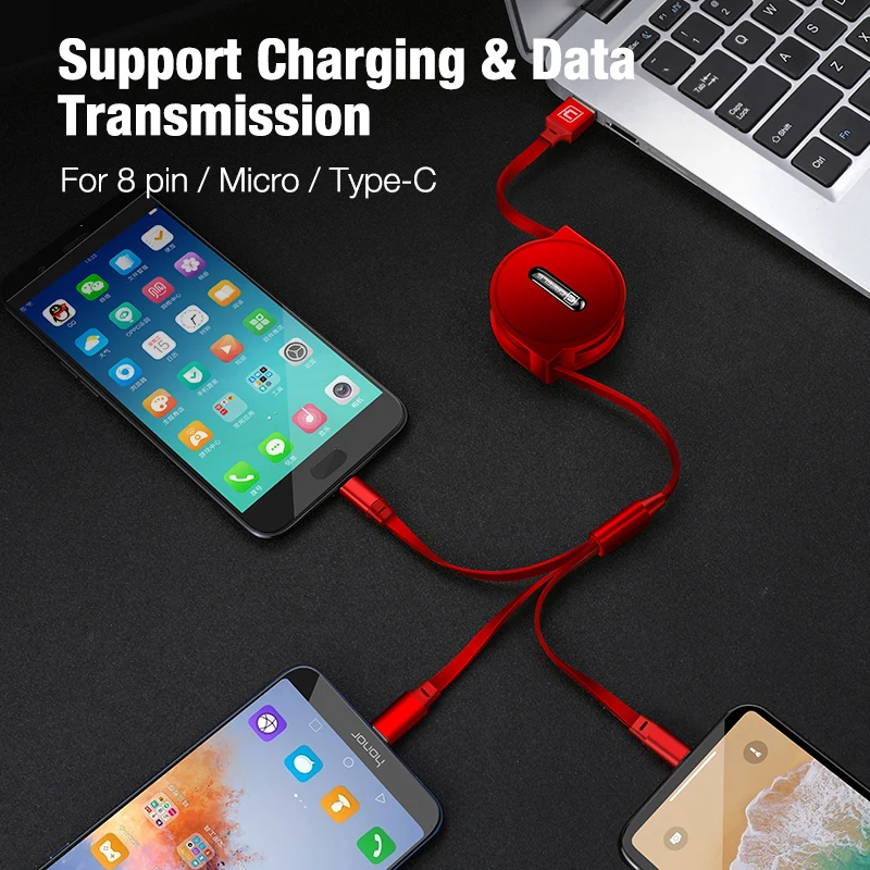 3 в 1 Выдвижной USB кабель для iPhone Micro usb type C плоский кабель Быстрая зарядка для iPhone кабель+ Micro USB+ type-C