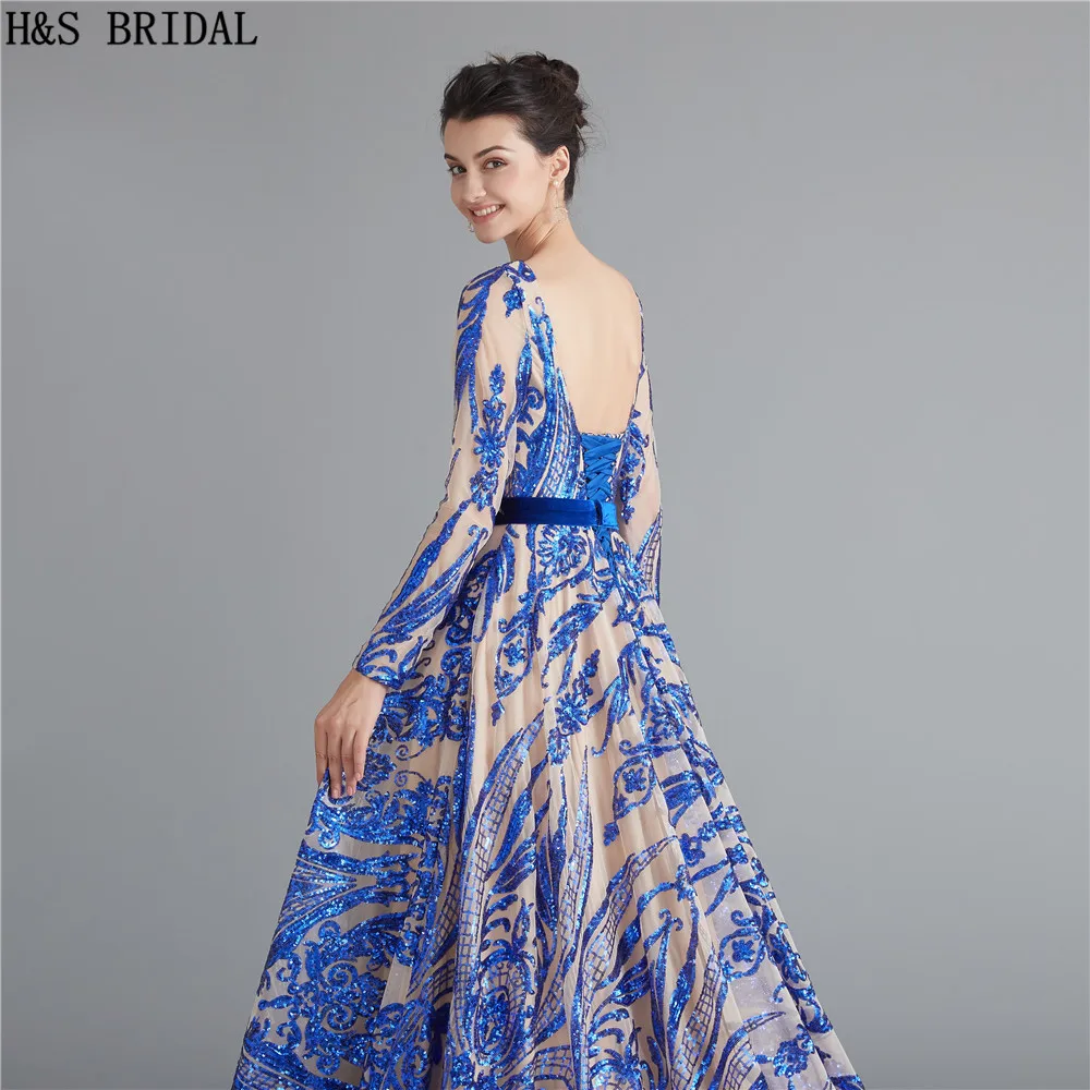 prom gowns Royal Blue Long Sleeves Prom Dresses Sequins dress prom Backless prom dresses 2019 evening gowns robe de soiree formal dress beautiful prom dresses