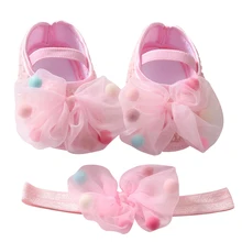 Baywell bebê recém nascido da menina sapatos + bandana definir primeiros caminhantes sola macia bowknot princesa criança prewalkers 0 24month
