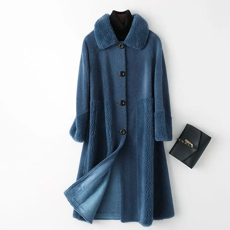 blue Зимнее пальто с мехом Новое зернистое овечье пальто женское длинное шерстяное пальто с длинными рукавами теплое 60% шерстяное пальто ветровка casacos - Цвет: blue