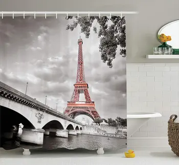 

Paris City Decor Collection, Eiffel Tower Bridge Capital City Cloudscape Monochrome Selective Colorization Picture, Polyester