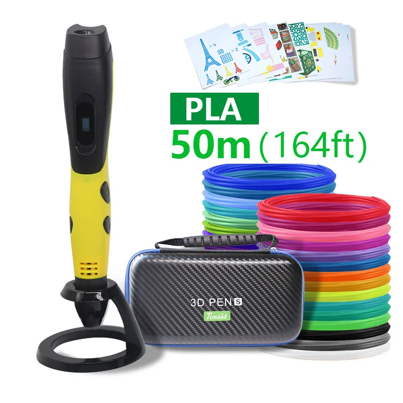 Yellow pen PLA50m 3d ручка 3d-ручки, светодиодный дисплей, ABS / PLA-филамент, 3-я ручка Добавить специальные брекеты для защиты рук,с 5 В в 2A usb адаптер 3d-печатные ручки Рождественские подарки - Цвет: Yellow pen PLA50m