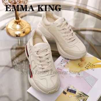 

2020 Newest Designer Platform Top Genuine Leather Sneakers Women's Graffiti Dad Shoes Trainers Lace Up Women's Vulcanize Shoes