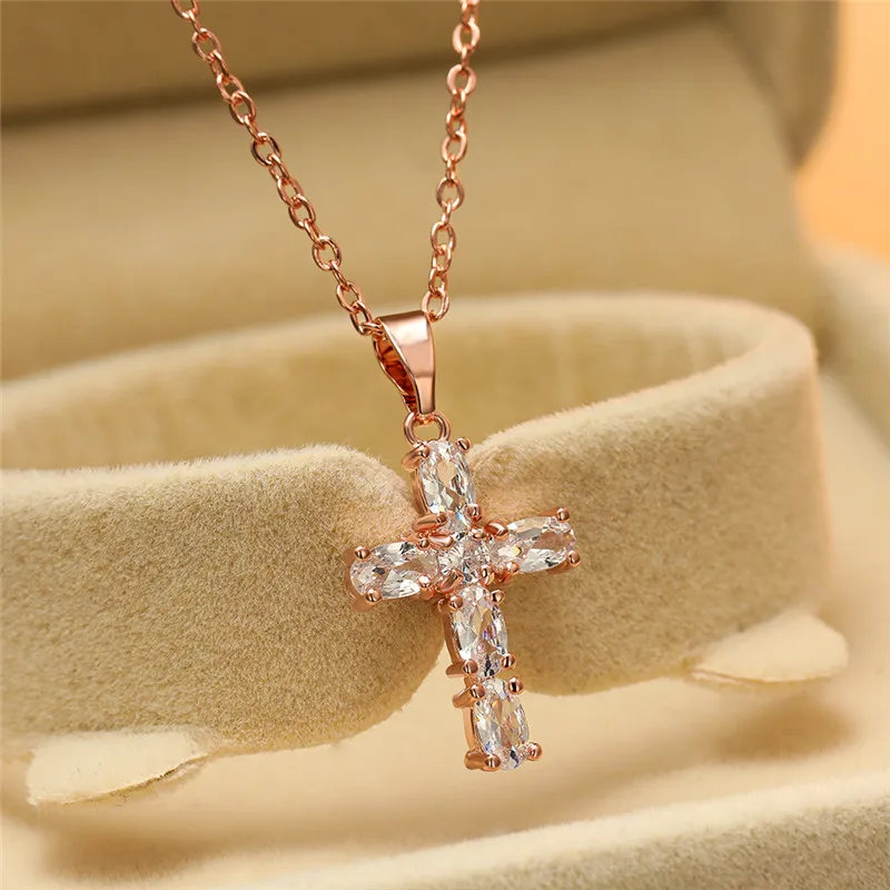 Luxury Female White Crystal Pendant Necklace Charm Silver Color Chain Necklaces For Women Cute Bridal Cross Wedding Necklace
