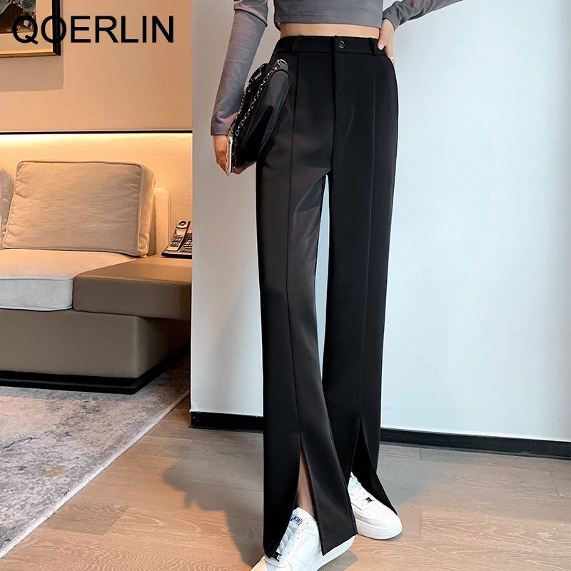 

QOERLIN White Front Slit Suit Pants Spring Summer Women's Elegant OL Style Drape High Waist Wide Leg Black Pant Straight Trouser