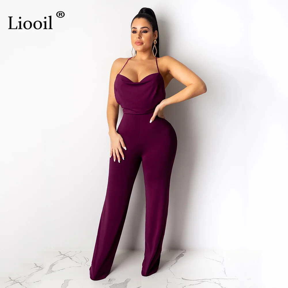 Liooil, сексуальный цельный костюм, комбинезоны с открытой спиной, осень, без рукавов, на шнуровке, вечерние, Клубные комбинезоны, женский комбинезон, черные комбинезоны - Цвет: Dark Purple