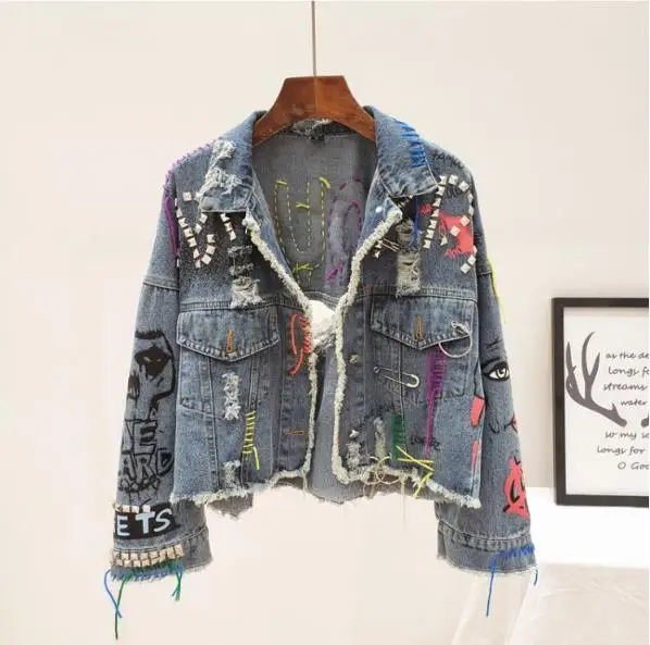 

2019 Spring Autumn Women Street Fashion Graffiti Denim Jacket Female Personality Short Raw Cut Rivet Jacket Fringe Jean Coat