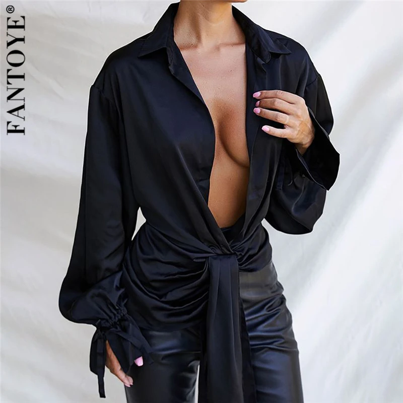 Fantoye Black Sexy V Neck Petal Sleeve Blouses Woman Fashion 2020 Elegant Bandage Irregular Loose Shirts Casual Plus Size Tops 1