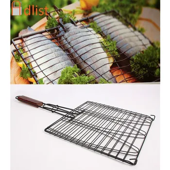 

New DIY Non-stick Triple Fish Grilling Basket w/ Wood Handle Outdoor BBQ Grilling Fish Rack Barbecue Tool Fish Grill Net