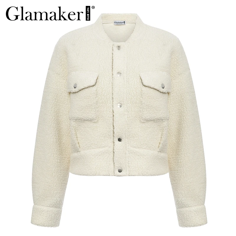 Белый Glamaker, белое тонкое пальто из искусственного меха, короткая верхняя одежда для женщин, зима, сексуальное меховое пальто с карманами, Женская куртка клуба, пальто, уличная одежда, осень - Цвет: Белый