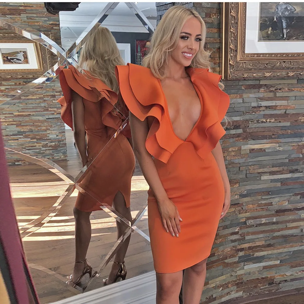 Сексуальное Бандажное платье с глубоким v-образным вырезом, женские вечерние платья до колена, оранжевое черное платье для клуба