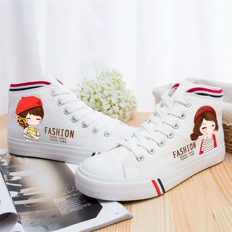 

2018 Spring Hand-Painted Figure Printed Canvas Shoes Women's Mid-top Lace-up Sports WOMEN'S Shoes