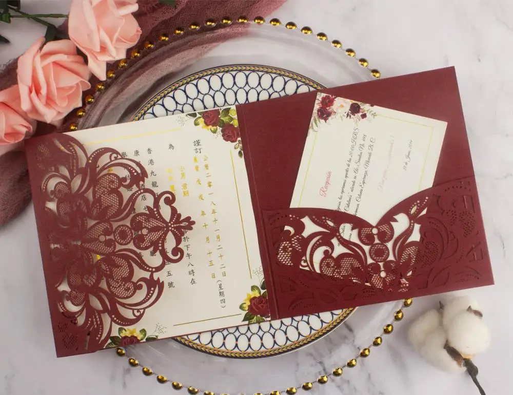 10pcs/lot pearl paper square pocketfold cards Laser Cut Wedding invitation Cards three folded Greeting cover for party supplies - Цвет: burgundy