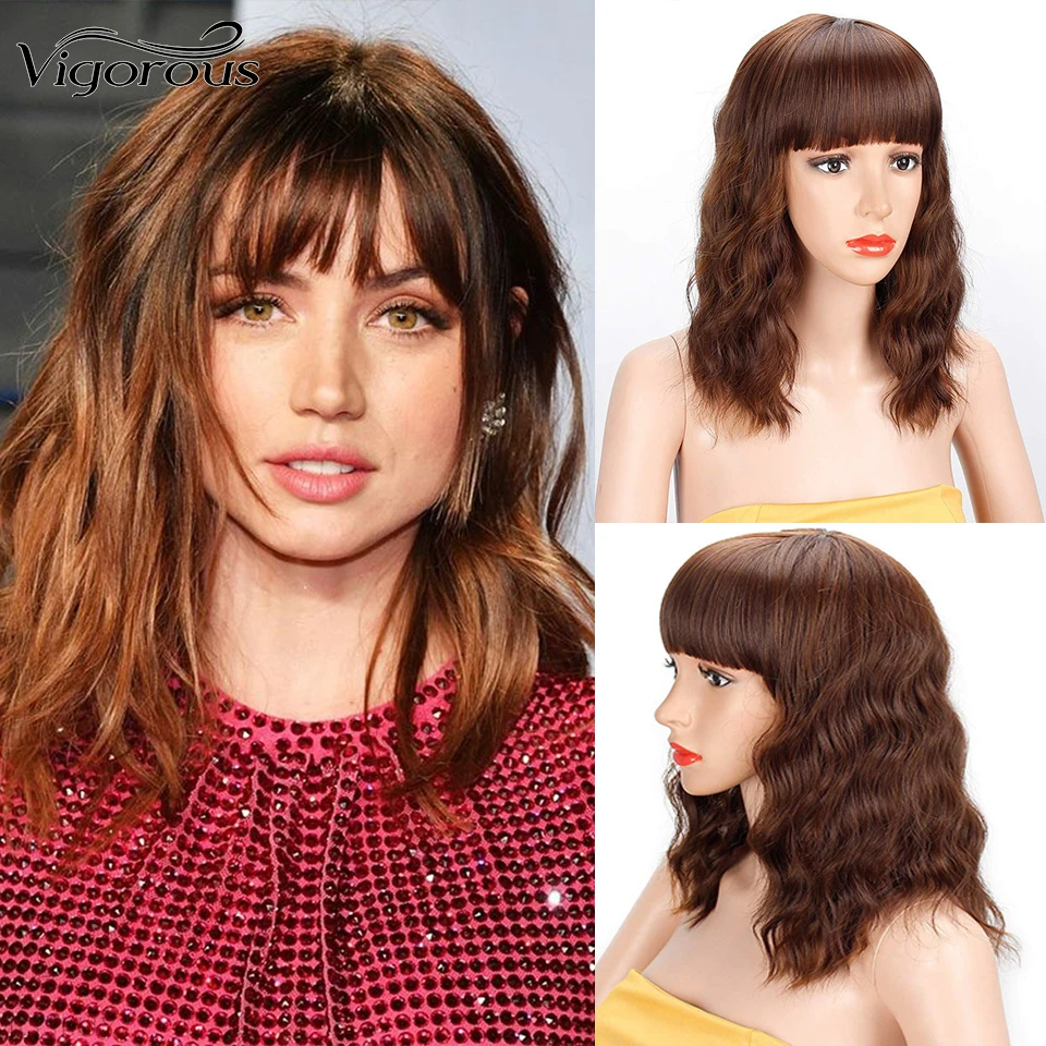 

Vigorous Wave Wig Mix Brown and Blonde Wig With Bangs Synthetic Short Wigs for Women High Temperature Hair