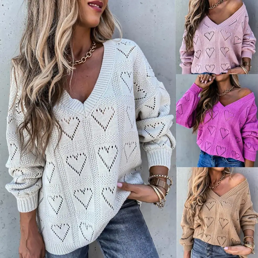 

Women Autumn Spring Sweater Heart Pattern Knit Pullover Oversize Sweater Women Soft Cute Long Sleeve Knitwear Female