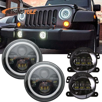 

7 Inch LED Halo Headlights with Turn Signal Amber DRL White+ 4 '' Halo Fog Lights for Jeep Wrangler 1997-2017 JK JKU TJ LJ