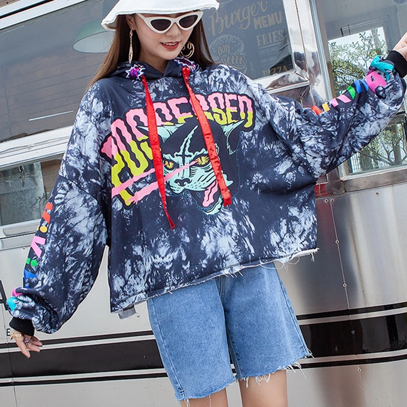 Harajuku Catoon печати худи осень худи и толстовки для женщин длинный рукав Фитнес Топ красочная Корейская рубашка длинный рукав LT665S30