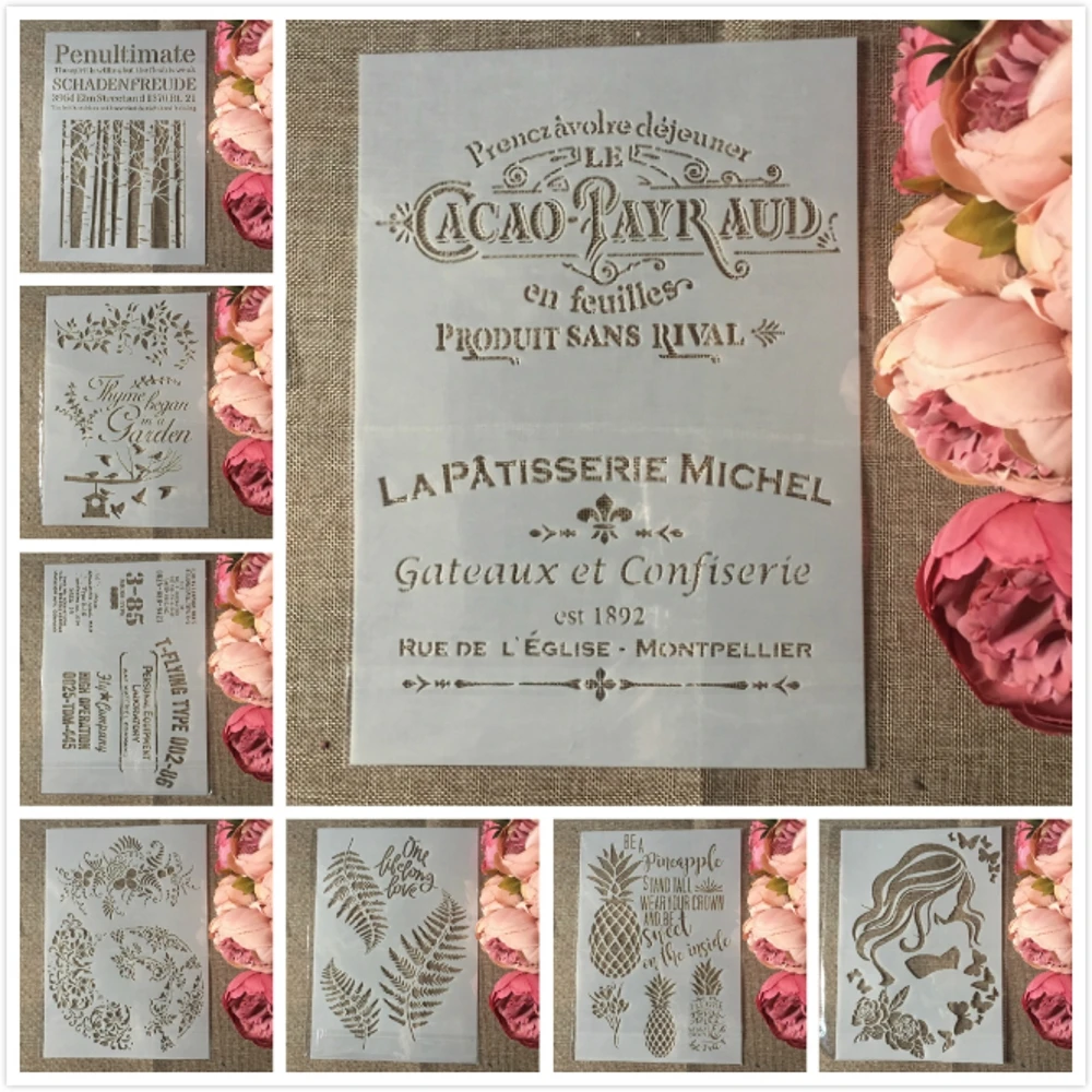 

8Pcs A4 European Style Leaves Words DIY Layering Stencils Painting Scrapbook Coloring Embossing Album Decorative Card Template