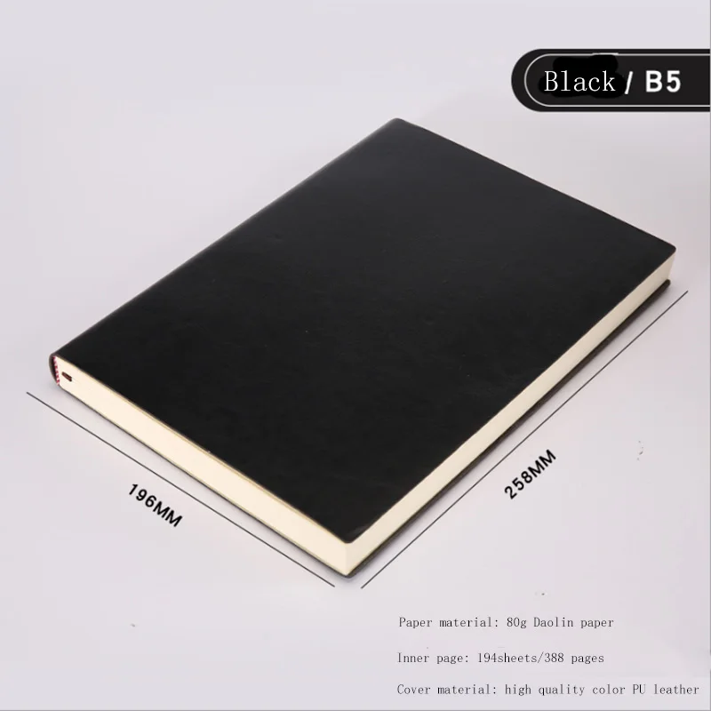 B5 Black A5, A6, B5, три размера, 4 стиля, 5 цветов, большой деловой ежедневник, кожаный мягкий блокнот, увеличивающий рост, толстый блокнот - Цвет: B5 Black
