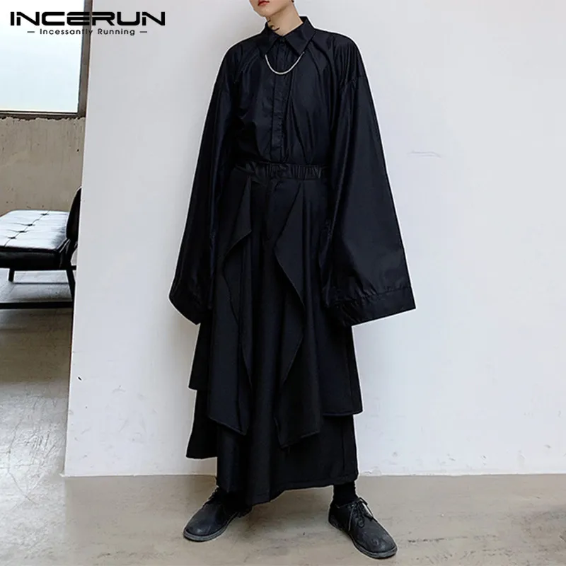 Men Wide Leg Pants Solid Color Elastic Waist Irregular Skirts Trousers Punk Black Joggers Loose S-5XL